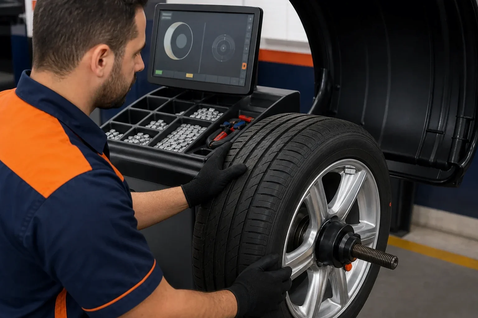 Equipamento de balanceamento de rodas em uso na borracharia.