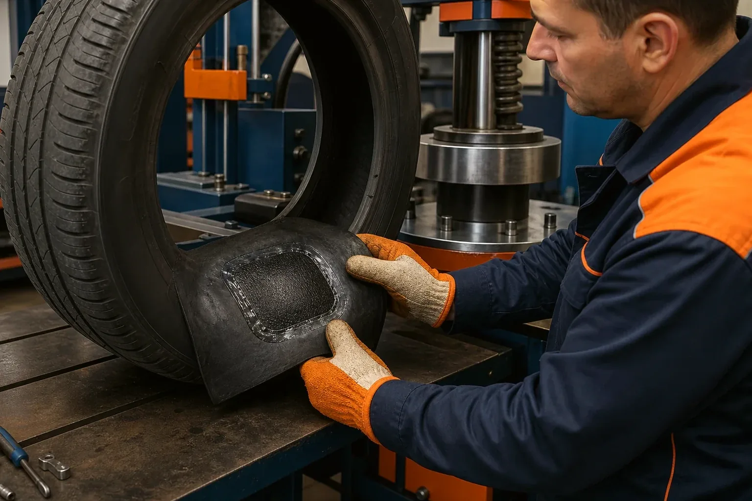 Equipamento de vulcanização de pneus em operação.