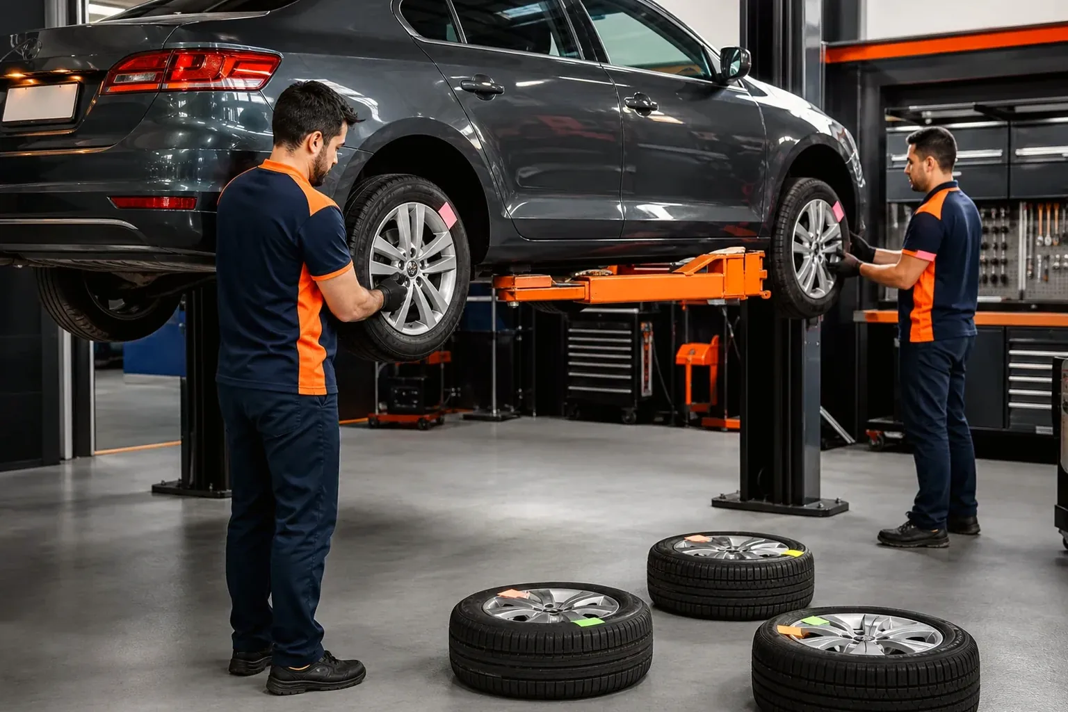 Profissionais realizando rodízio de pneus em um carro.