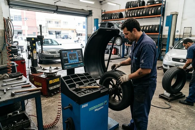 Técnico ajustando o balanceamento de rodas em um carro.