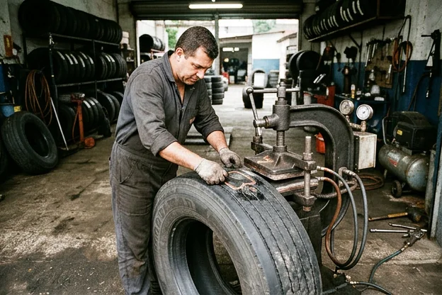 Técnico operando máquina de vulcanização de pneus.