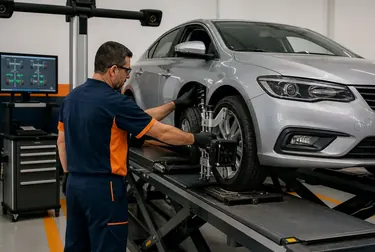 Técnico realizando alinhamento de rodas em um carro.