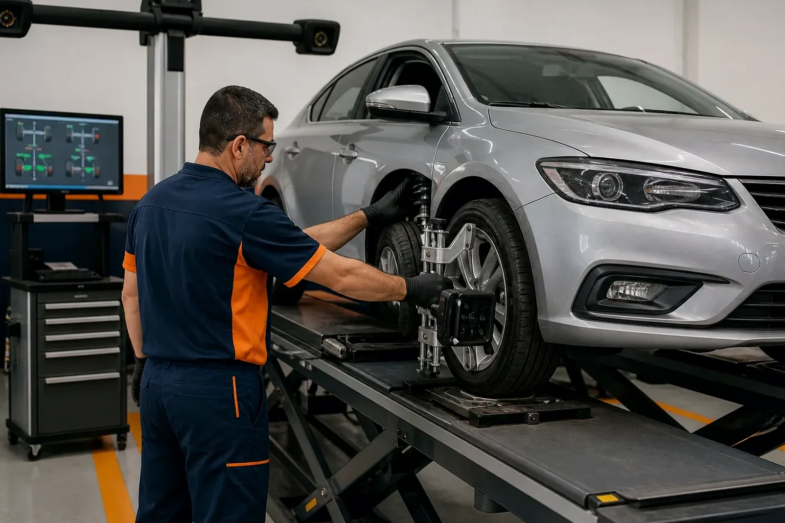 Técnico realizando alinhamento de rodas em um carro.
